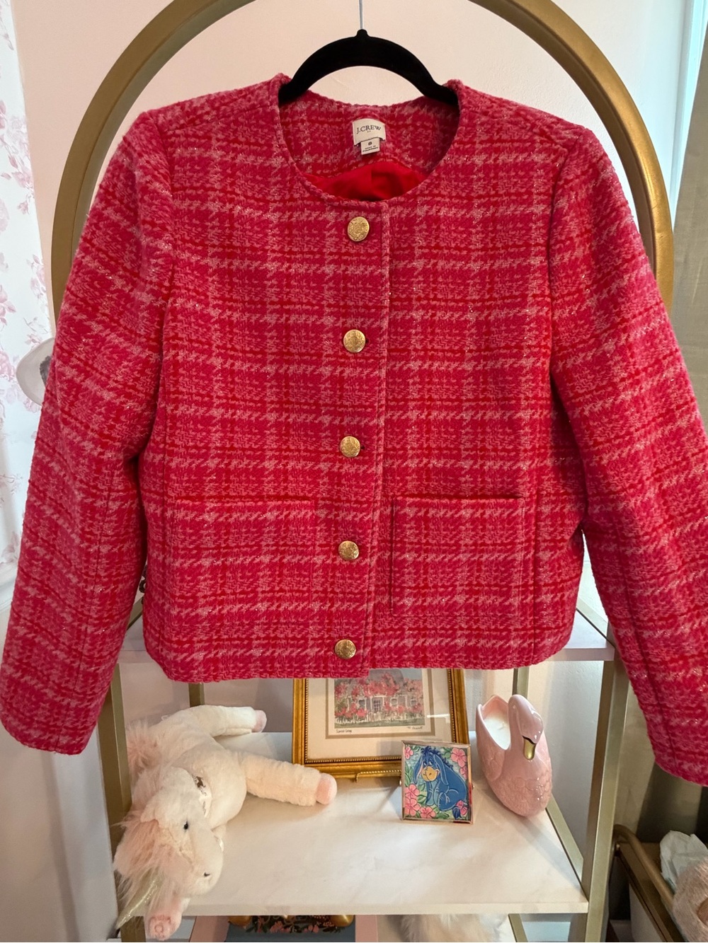 J. Crew woman’s ' Bright Pink Tweed Gold Button Jacket